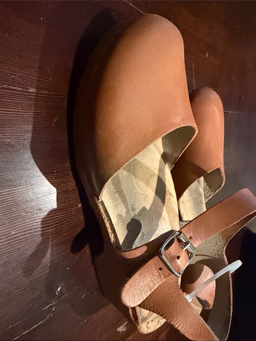 SWEDISH CLOGS, wooden sole, Brown Leather May Jane Buckle Clog Flats, Sz 40